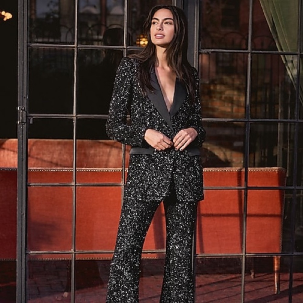Black Sequin Blazer- Express Sequin Peak Lapel Boyfriend Tuxedo Blazer